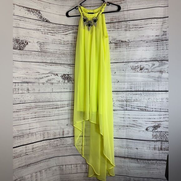 Bebe Dress Womens Sz 4 lime green High low gemstone neckline rhinestone Chiffon - Picture 3 of 14